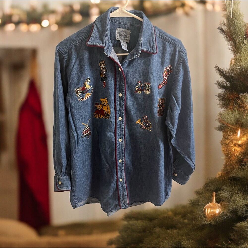 Cambridge Dry Goods Womens‎ Christmas Embroidered Denim Button Up Shirt Size 4